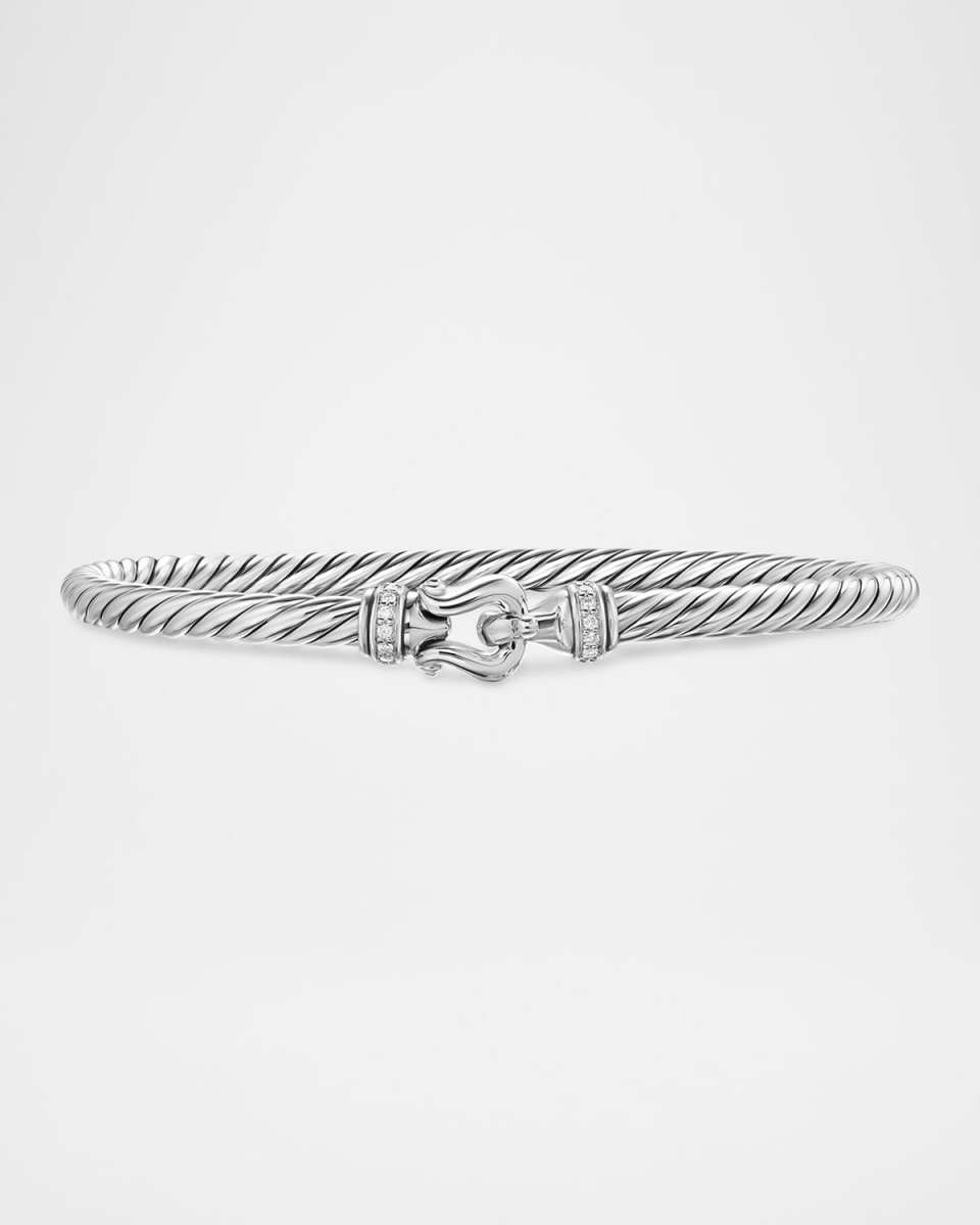 Cable Flex Buckle Bracelet with Pave Diamonds in Sterling Silver, 4mm